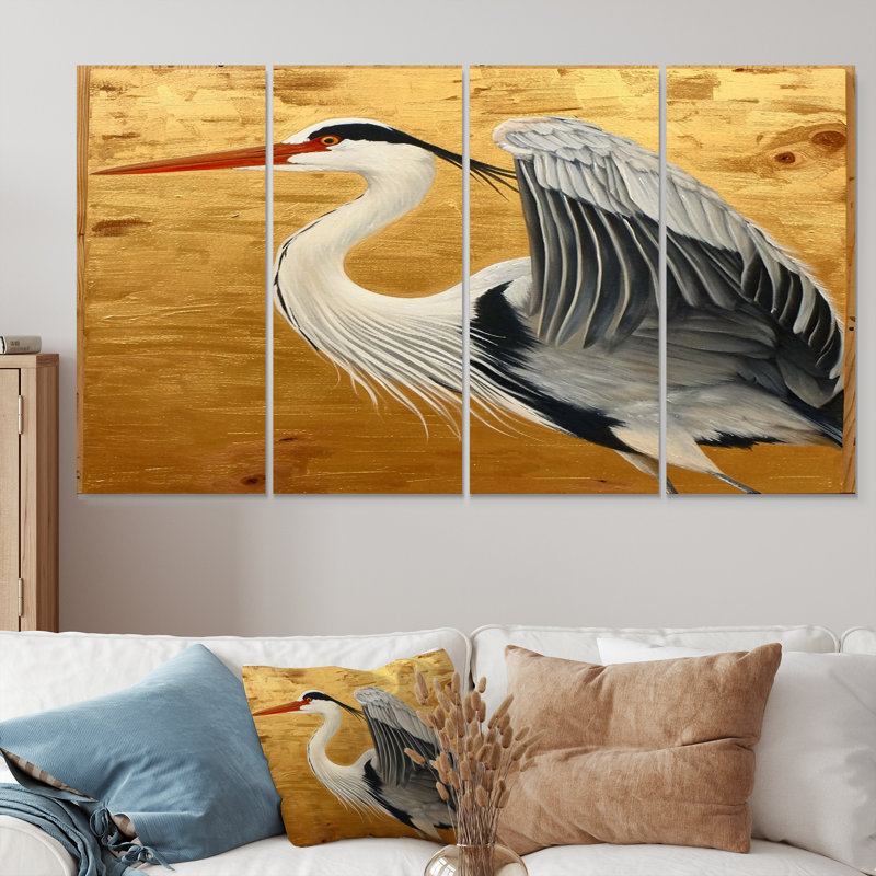 «Heron Ready For Liftoff On Gold», art mural animal sur toile 4 pièces, H 28 po x l 48 po