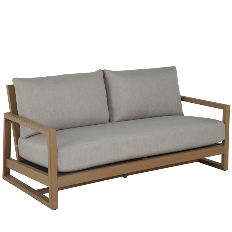 Avondale N-Dura Wood Outdoor Loveseat, No Welt + Standard Fill, Linen Chambray, Natural N-Dura