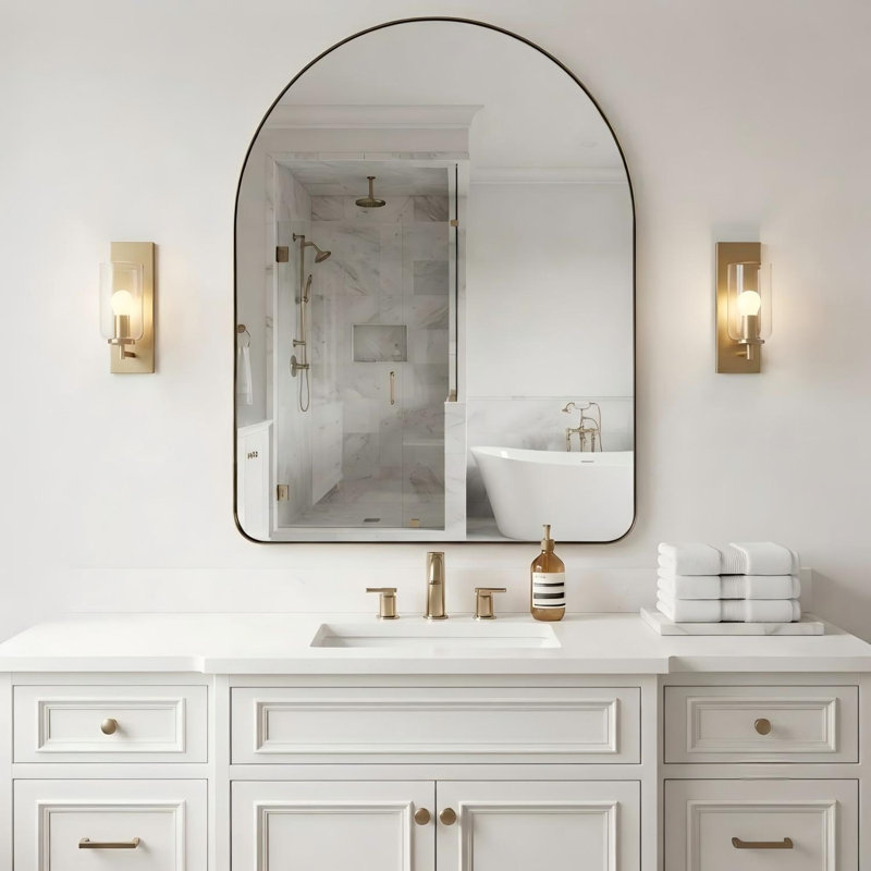 Elegant Arched Bathroom Vanity Mirror – Premium Stainless Steel Frame, Brushed Gold, 40" x 30"