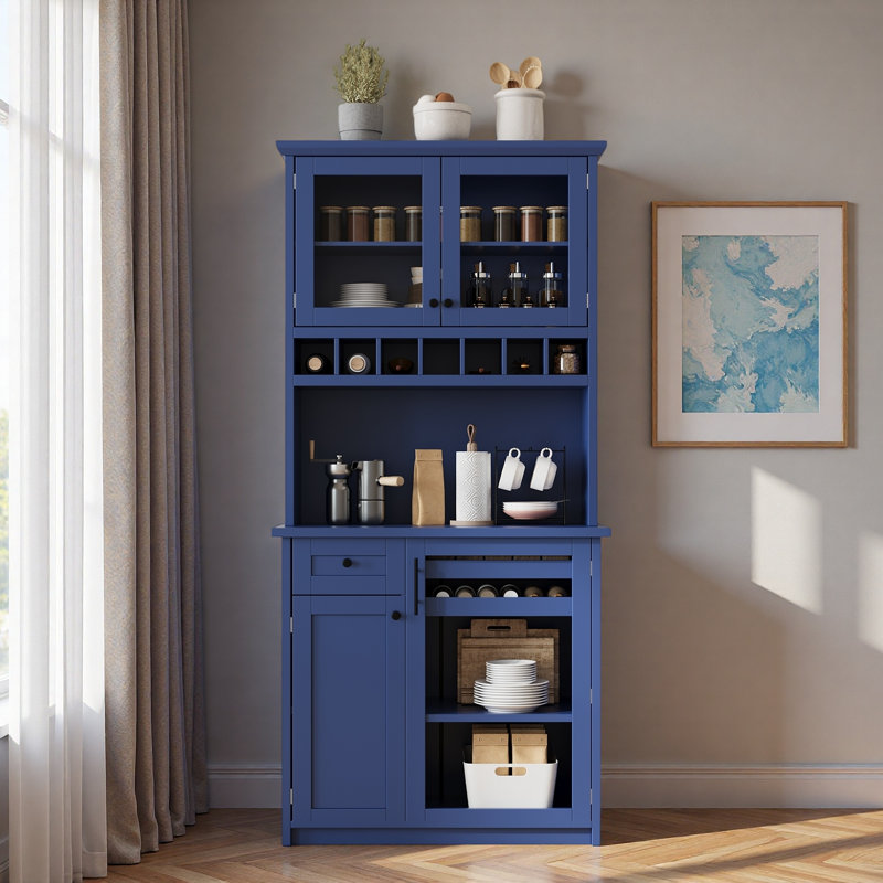 Armoire de cuisine autoportante avec tiroir, support à vin, tablettes réglables et, Bleu