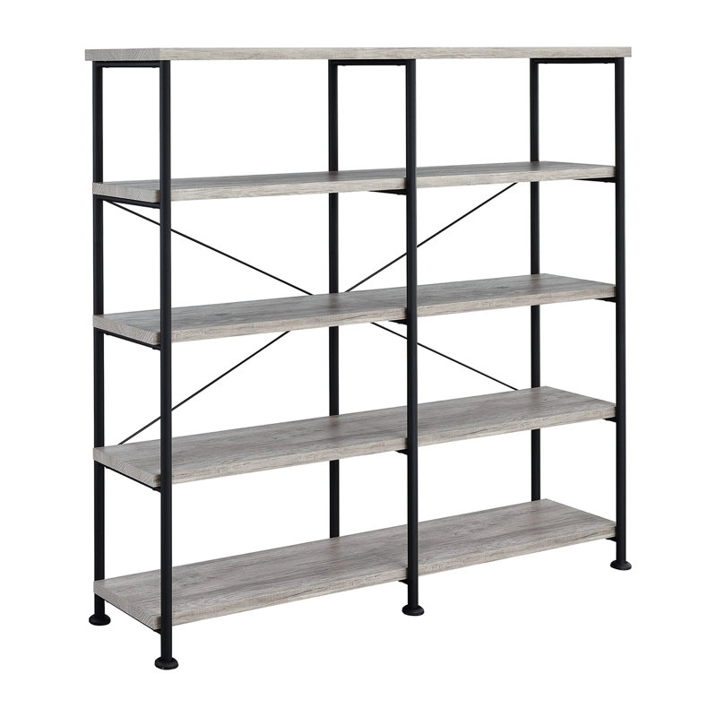 Bibliothèque double avec 4 tablettes larges en bois flotté gris et noir pour un décor moderne 4 espaces de rangement polyvalents