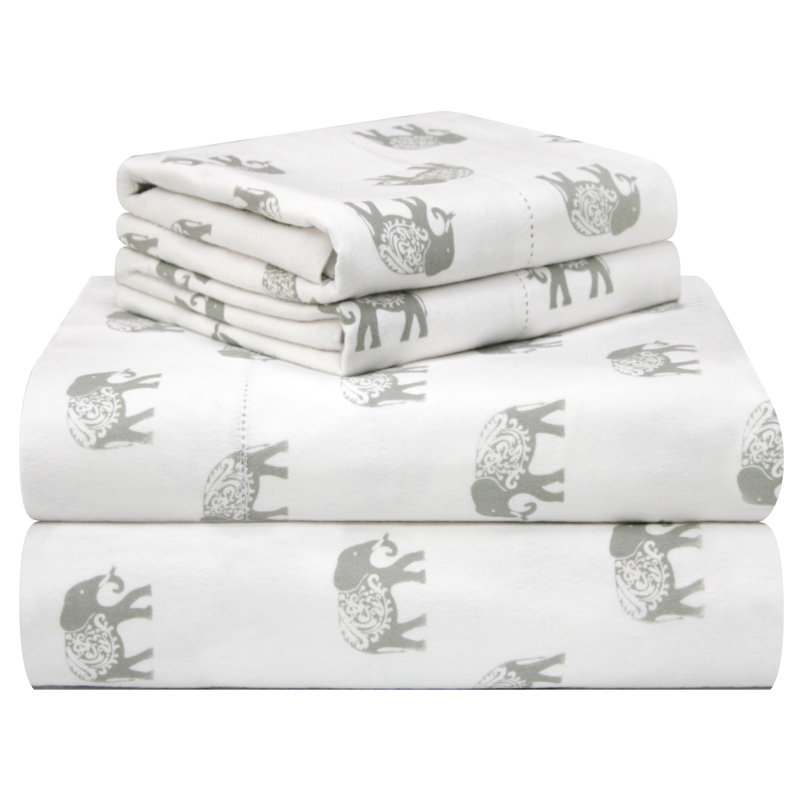 California King White Cotton Flannel Elephant Print Sheet Set