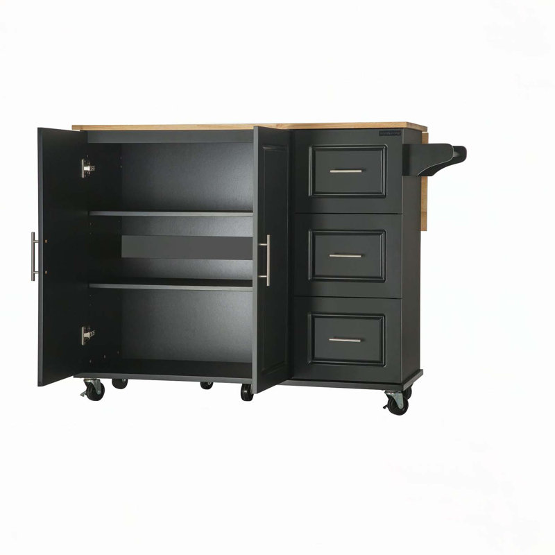 Îlot de cuisine et chariot de cuisine, îlot de cuisine mobile avec plateau de table en bois d'hévéa extensible, tablette réglable à l'intérieur de l'armoire pour différents ustensiles, 3 grands tiroirs, avec porte-épices, porte-serviettes, abeille noire
