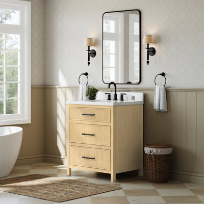 Meuble-lavabo simple 30 po Isola en chêne scandinave, comptoir en quartz blanc, lavabo carré encastrable (3 trous), garniture noir mat