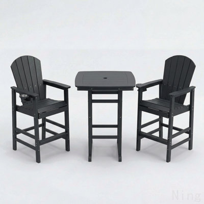 3-Piece Hdpe Bar-Height Patio Set, 42.1" Square High Top Pub Table With Umbrella Hole + 2 Bar Stools With Cup Holders, All-Weather Outdoor Bistro Set, White