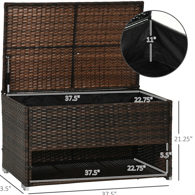 Boîte de terrasse pour patio: Rangez les essentiels de la piscine. , Brun, avec relevage hydraulique pour l'extérieur.