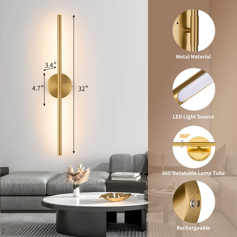 32'' Battery Operated Wall Sconces with Remote Control, Dimmable Wall Sconces Set of Two, 350°Rotate, Gold