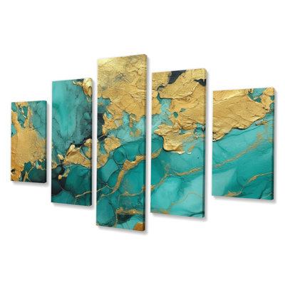 «Blue Watercolor Impression With Gold II», reproduction sur toile - 5 panneaux