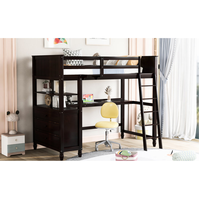 Lit mezzanine simple avec bureau et tiroirs - Finition, bois massif robuste pour un espace de vie et un espace de travail confortables, chambre fonctionnelle