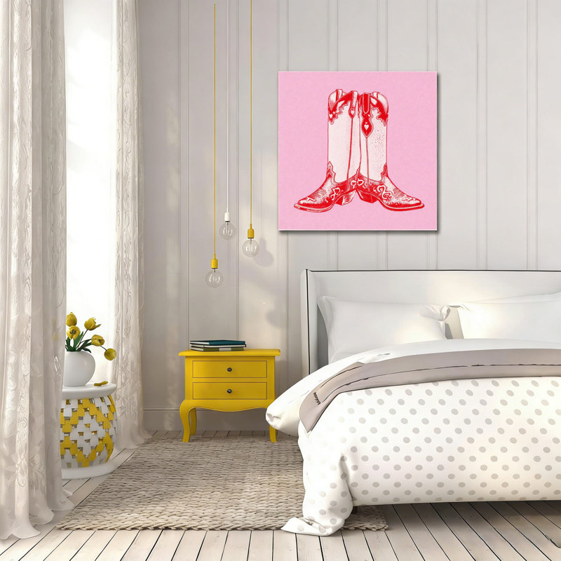 Illustration de bottes de cowboy rouges, L 16 x l 16, art mural en bois intégré