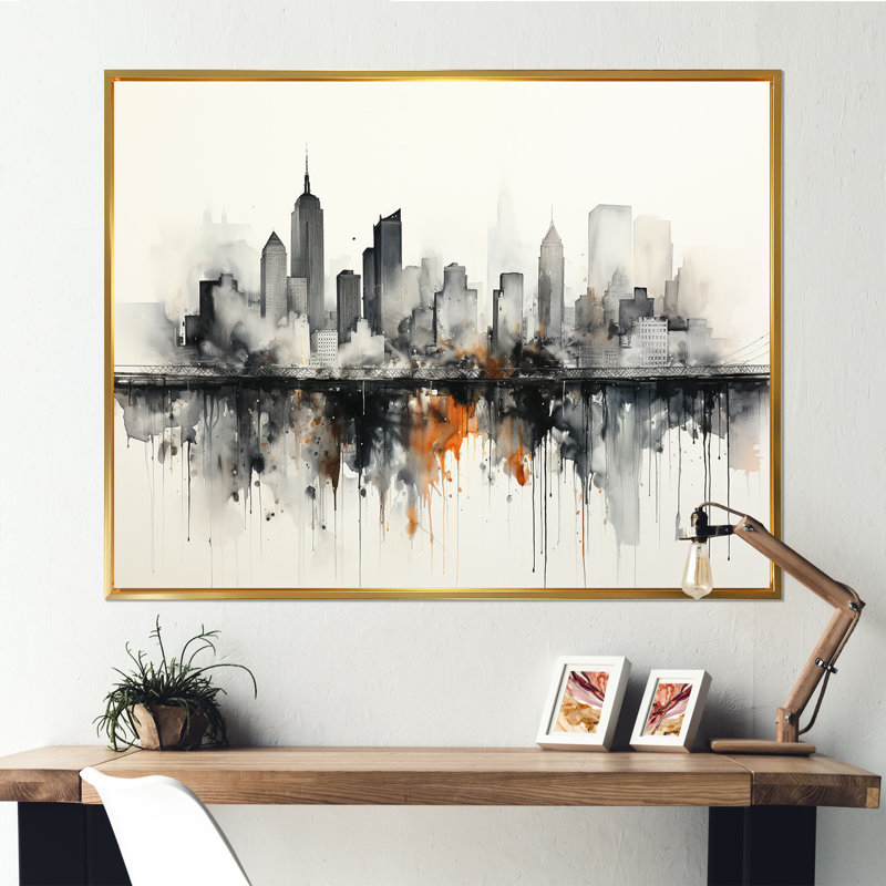 Onyx Outline Sckycraper Building I sur toile, Cadre flottant doré, H 34 po x l 44 po x P 1,5 po