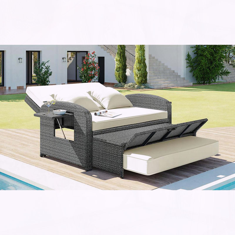 Chaise longue double en osier PE avec rangement et housse PE, White