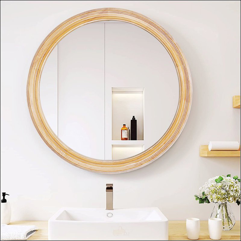 Miroir mural rond de style campagnard, miroir décoratif avec cadre en bois vieilli vintage pour entrée, chambre à coucher, bureau