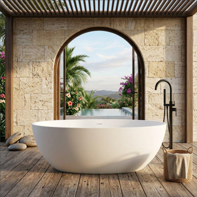 Baignoire autoportante 61 "à surface solide, baignoire ovale blanche moderne en résine