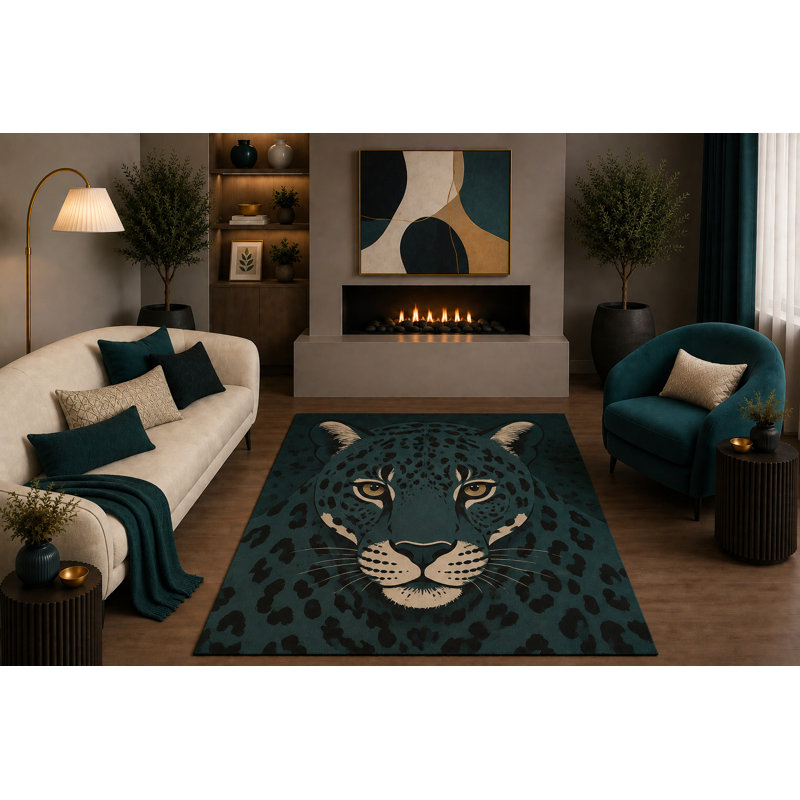 Tapis léopard noir sarcelle 5 pi x 7 pi «Ultra Léger» Boho Big Cat