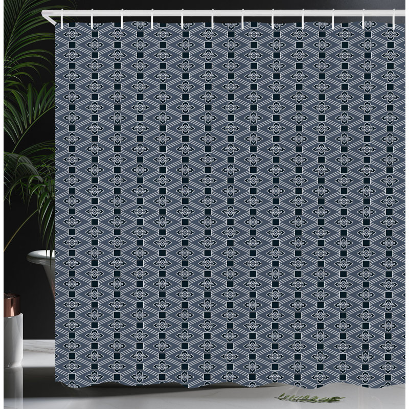 Fornah Japanese Shower Curtain Floral Diamond Line Charcoal Grey Dark Blue, 75"H x 69"W
