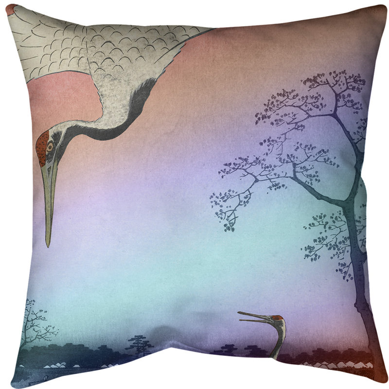 Housse de coussin en jeté japonaise grues, 14 po x 14 po, Rouge / dégradé bleu, Sergé de coton
