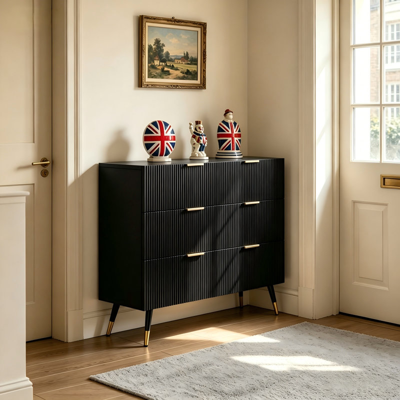 Modern Fluted 6-Drawer Standard Accent Cabinet with Gold Handles Storage Sideboard, Black
