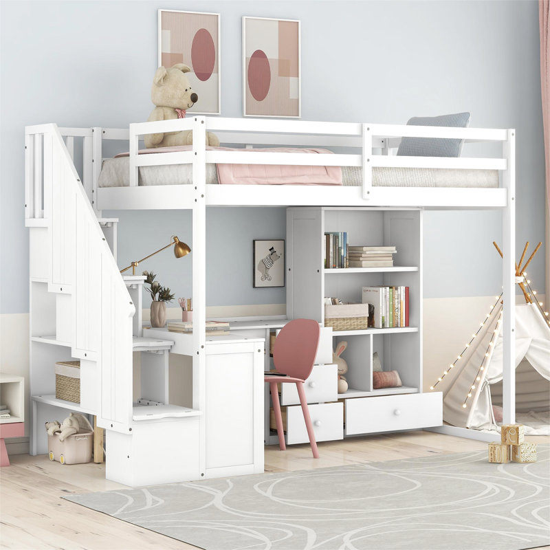 Lit mezzanine simple à faible encombrement avec bureau en L, tiroirs, armoire et escalier de rangement - Armoire à finition blanche et design élégant