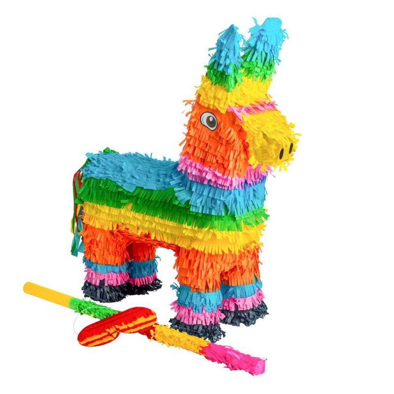 Fax Potato - Pinatas Donkey Cardboard Pinata, Stick and Blindfold Set - W40cm x D13cm x H55cm - Multi