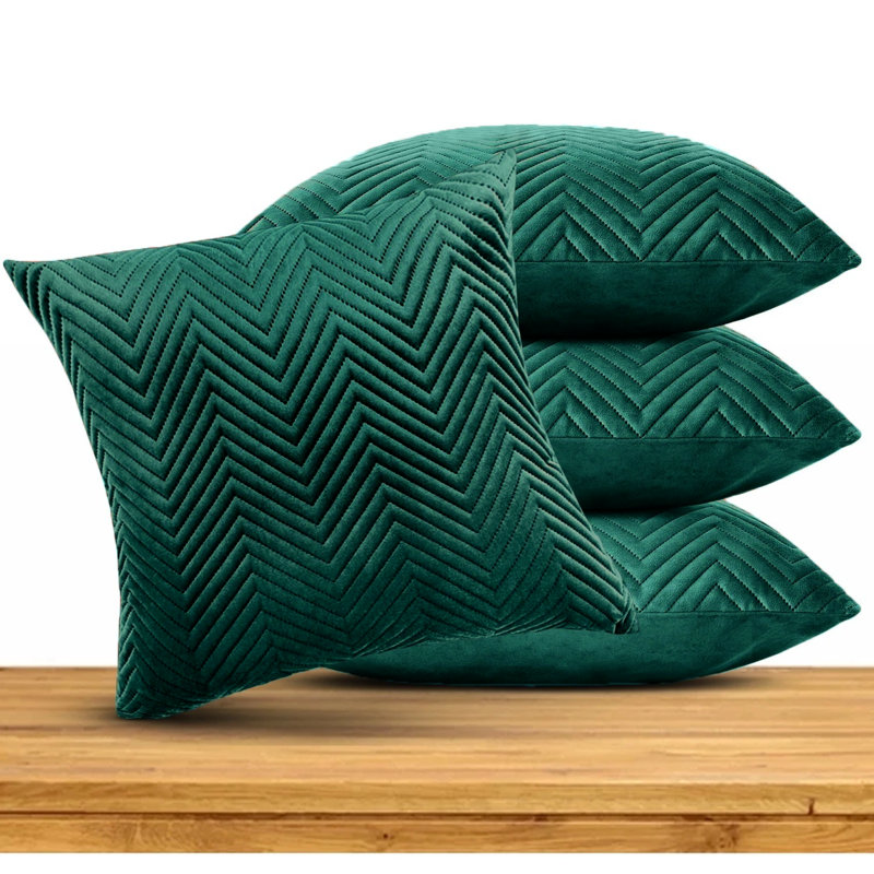 Embossed Quilted Chevron Decorative Cushion Cases - Set of 4 Modern Couch & Bed Décor Velvet Throw Pillow Covers , Emerald
