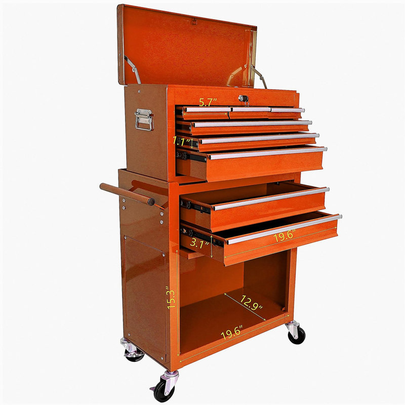 Coffre à outils roulant à grande capacité avec roulettes et tiroirs, armoire de rangement pour outils à 8 tiroirs - Orange