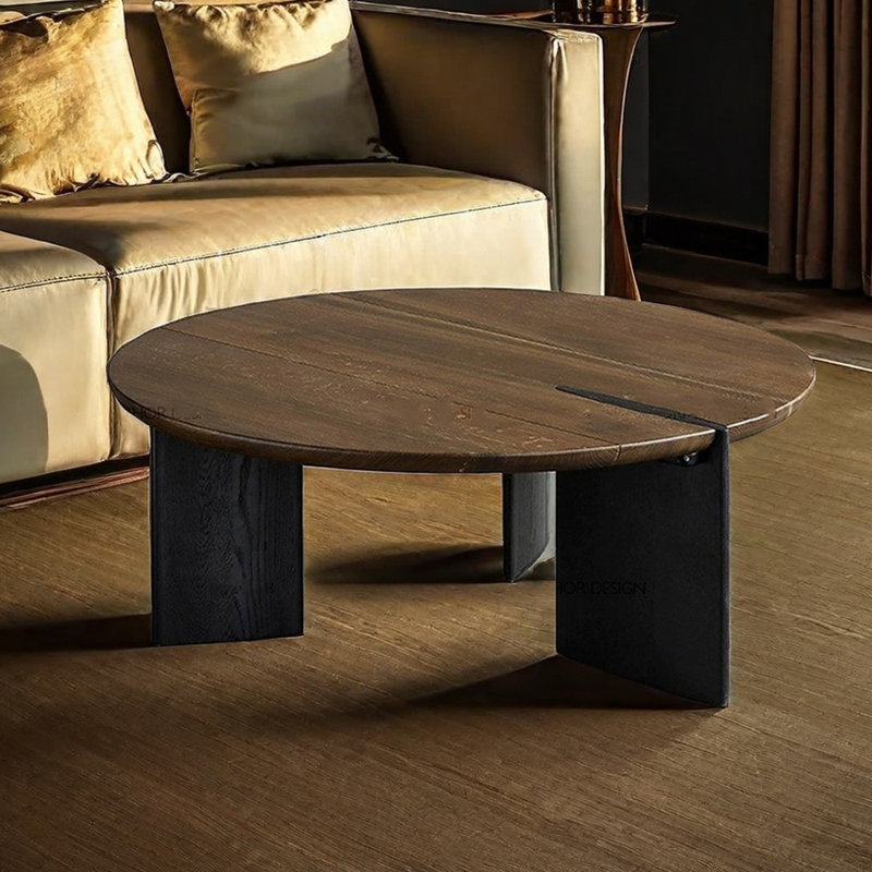 Table basse ronde en bois massif avec surface lisse, Brun