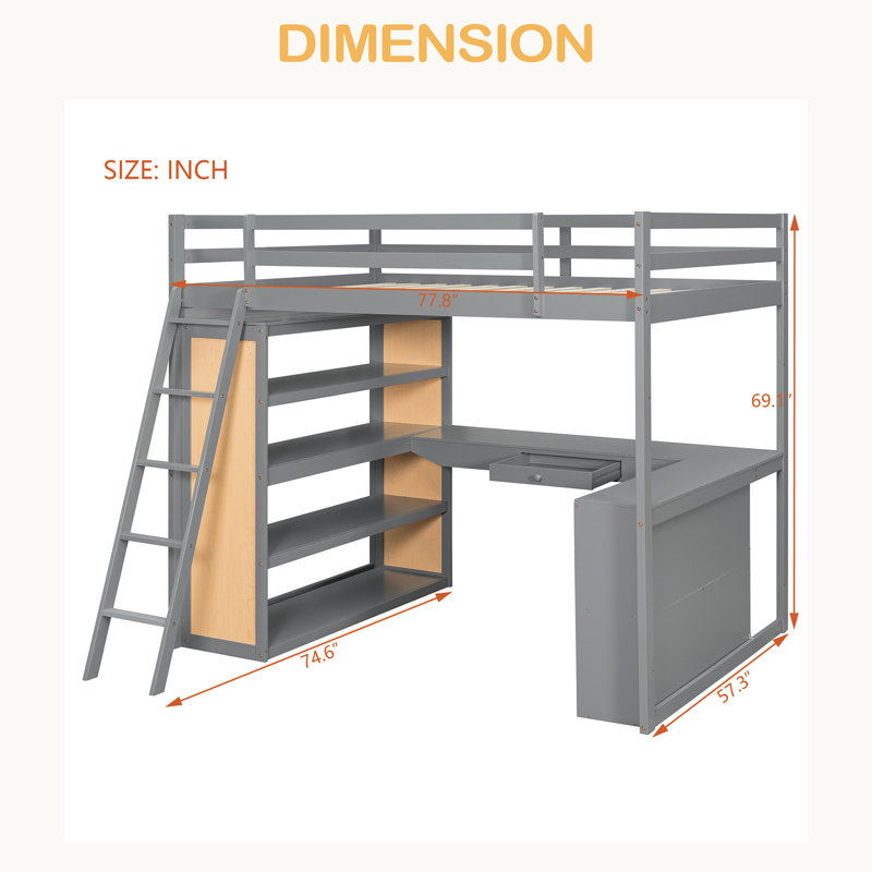 Lit mezzanine avec échelle, tablettes et bureau, Gris, Lit double