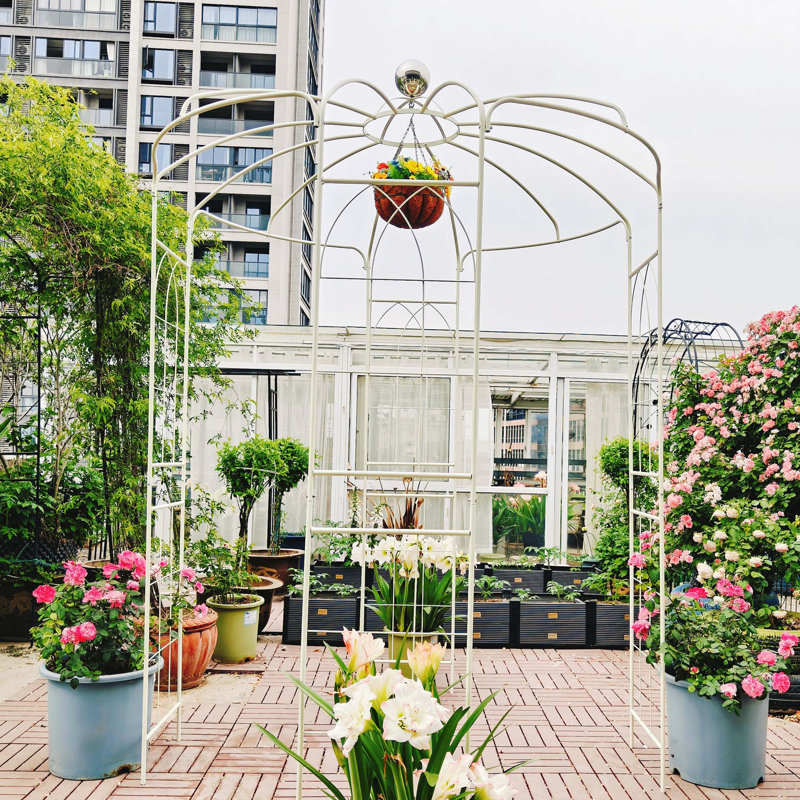 Pavillon de jardin en métal en forme de cage de pergola en forme de cage à oiseaux 81,7 po x 114,2 po, Blanc, crème