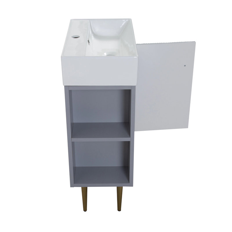 Base de meuble-lavabo moderne 21,6 po, rangement pour salle de bain en bois massif avec tablette ouverte à gauche, lavabo en céramique à fermeture en douceur, gris