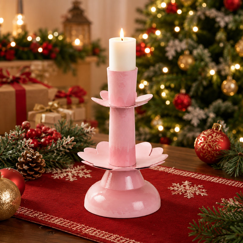 Lotus Bloom Tabletop Handmade Pink Candleholder, Pink