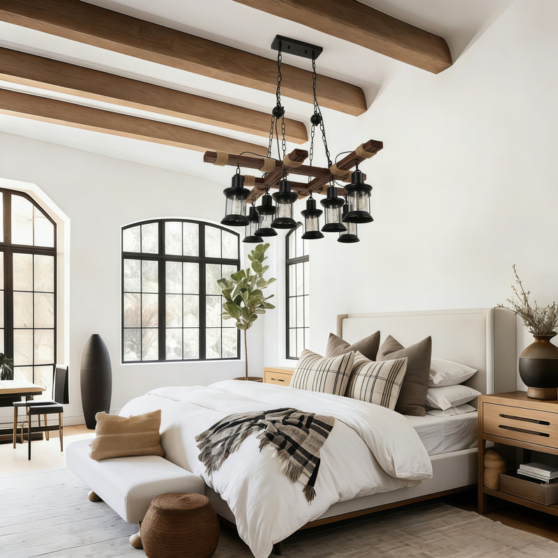 39 Inch 8-head Retro Wood Adjustable Pendant Light