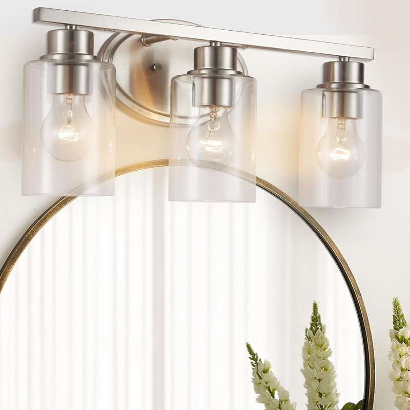 Luminaire de meuble-lavabo moderne avec abat-jour en verre transparent, finition nickel brossé, applique murale à 3 lumières, antirouille et polyvalent pour divers décors