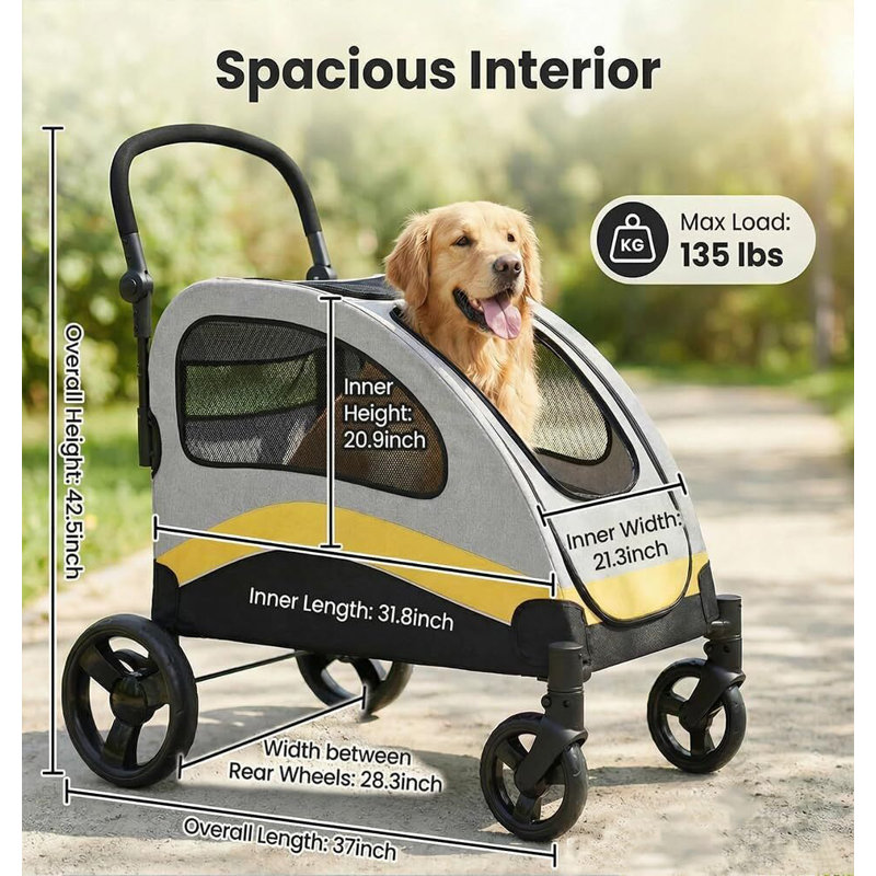 Poussette robuste pour grands chiens jusqu'à 160 lb, chariot pliable pour animaux de compagnie avec roues amortissantes, fenêtres en filet à 360 °
