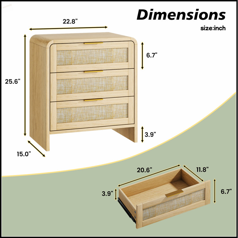 Table de chevet en rotin avec 3 tiroirs, 22,8 po, Oak, Ne s’applique pas