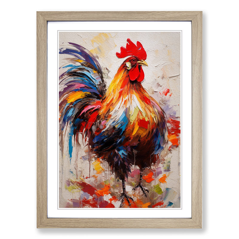 Rooster Gestural - Single Picture Frame Print on Wood, 64cm H x 46cm W x 2cm D, Oak