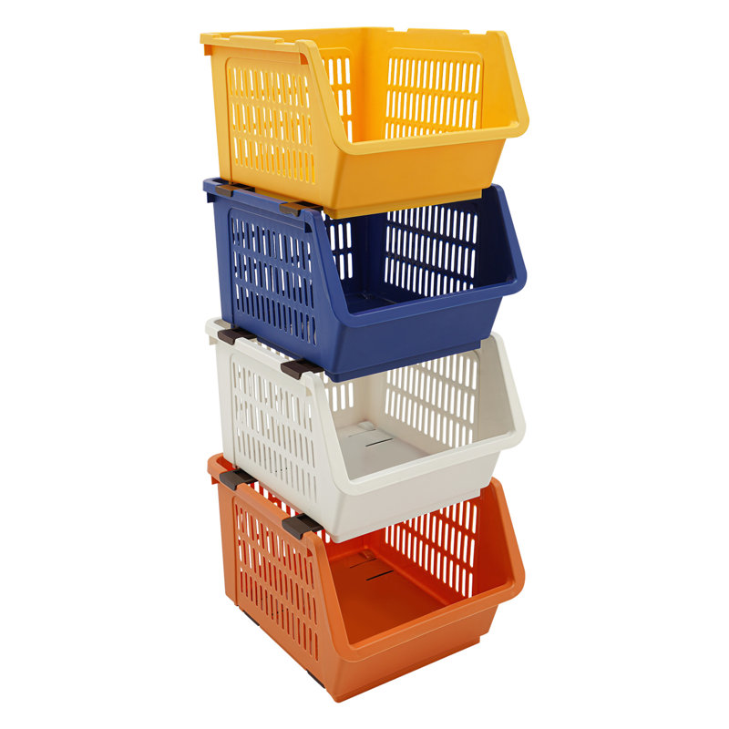 Bacs de rangement empilables rectangulaires 11 "4PCS, Bleu / blanc / jaune / orange