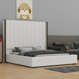 Tall Headboard Upholstered Bed With Vertical Striped And Wingback Design