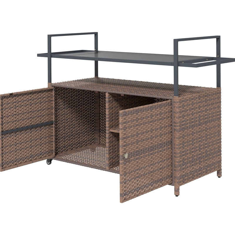 Table de bar d'extérieur à deux niveaux avec plateau en verre trempé, armoire de rangement intégrée et caractéristiques de mobilité pour un service et un divertissement sans effort.
