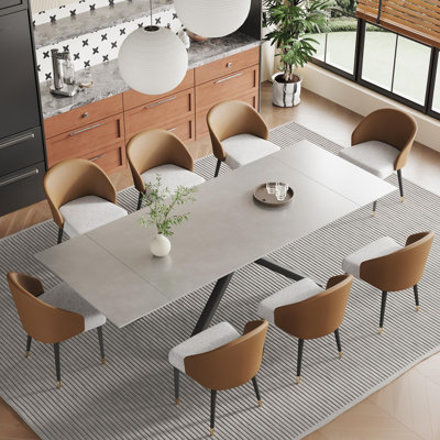 Mahjabin 9 - Piece  Dining Table Set 102.36'' Extendable Sintered Stone Table and 8 Faux Leather Chairs