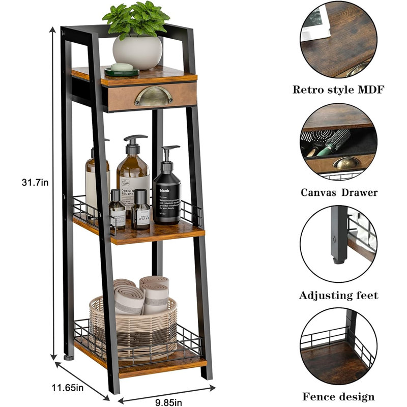 Étagères de salle de bain étroites à 3 niveaux avec tiroir