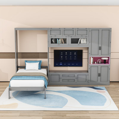 Lit escamotable simple en bois avec meuble télé, 2 tiroirs, tablettes et armoires