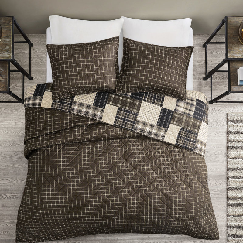 Reversible Quilt - 3 Pieces, Black/Brown, Microfiber Back, Zippered Shams Microfiber, Plaid Reverse, Machine Washable