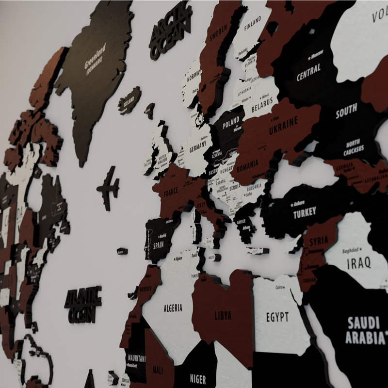 Carte 3D du monde en bois avec punaises, H 21,3 po x l 39,4 po x P 1 po, Or / Bleu