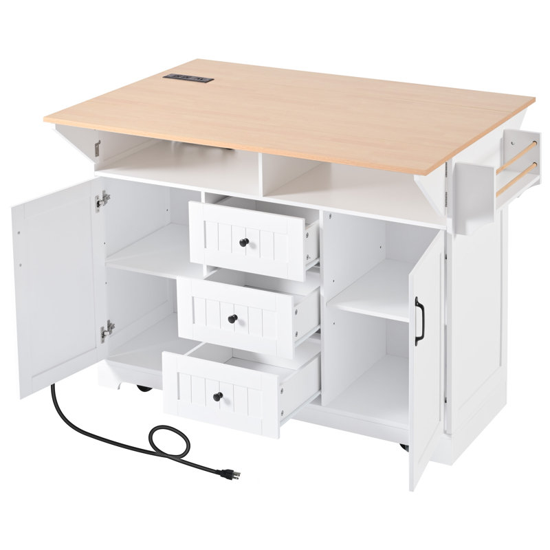 55.7" White Kitchen Island with Power Outlet & Dual Drop Leaf, Rolling Kitchen Cart with 3 Drawers & Spice Rack, Large Folding Dining Table with Storage for Kitchen, Dining Room