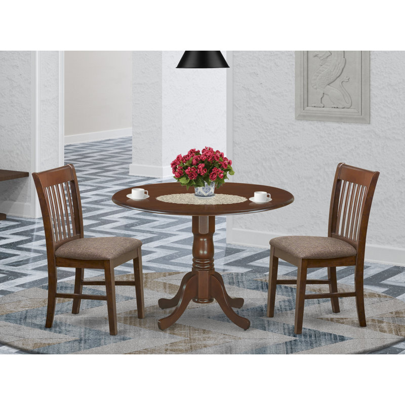 L'ensemble 3 pièces de table et chaises de cuisine contient une table de salle à manger ronde avec Dropleaf et 2 chaises de salle à manger rembourrées en tissu de lin, 42 x 42 pouces, acajou