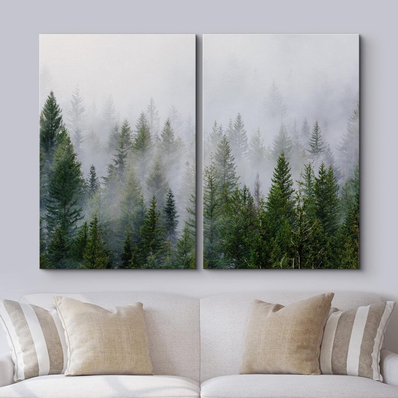 «Morning Mist Green Pine Tree Forest Nature Landscape», impression sur toile, 2 pièces, H 24 po x l 32 po, Toile tendue