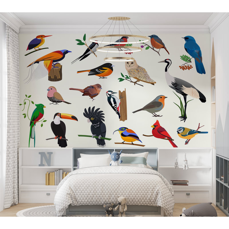 Murale pelez et collez de qualité supérieure - Illustration d'oiseaux colorés, L 120 po x l 180 po