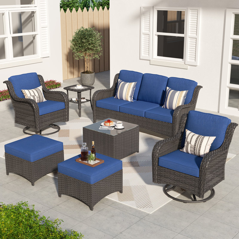 5 - Person Outdoor Conversation Set, Wicker Patio Sofa & Swivel Chair Set with Cushions, Gray Cushion/Gray Frame