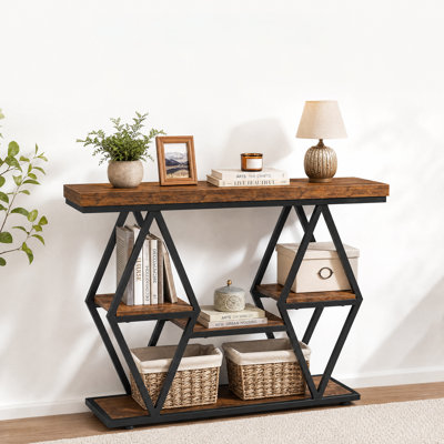 Console d'entrée à cadre en losange, en bois PB brun carbonisé et métal, étroite, avec étagère ouverte, idéale pour un hall d'entrée, un salon, un couloir, un appartement, un bureau ou une décoration intérieure de style industriel.